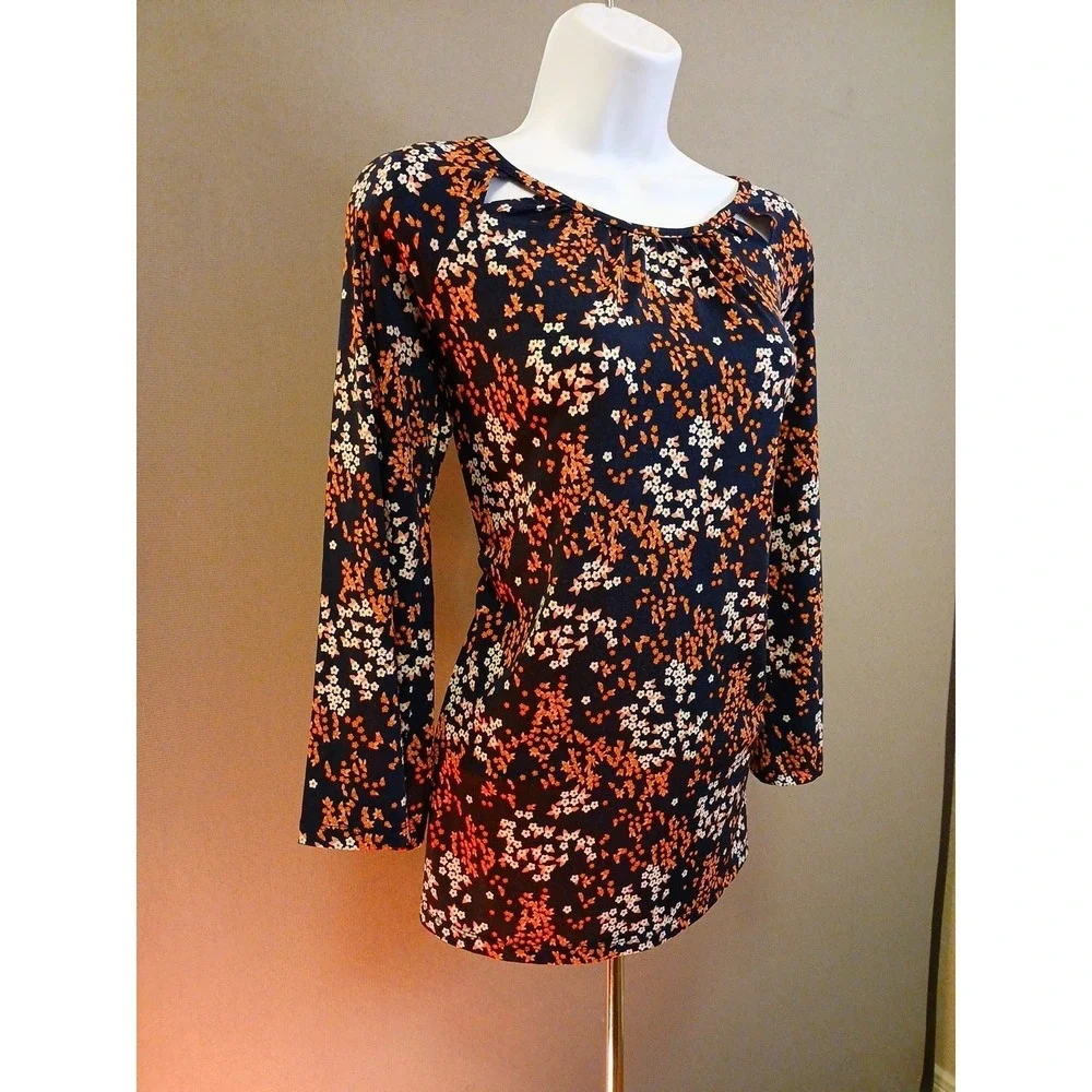 MICHAEL KORS Navy Floral Top Size Petite S Long‎ Sleeves with Ties Beautiful